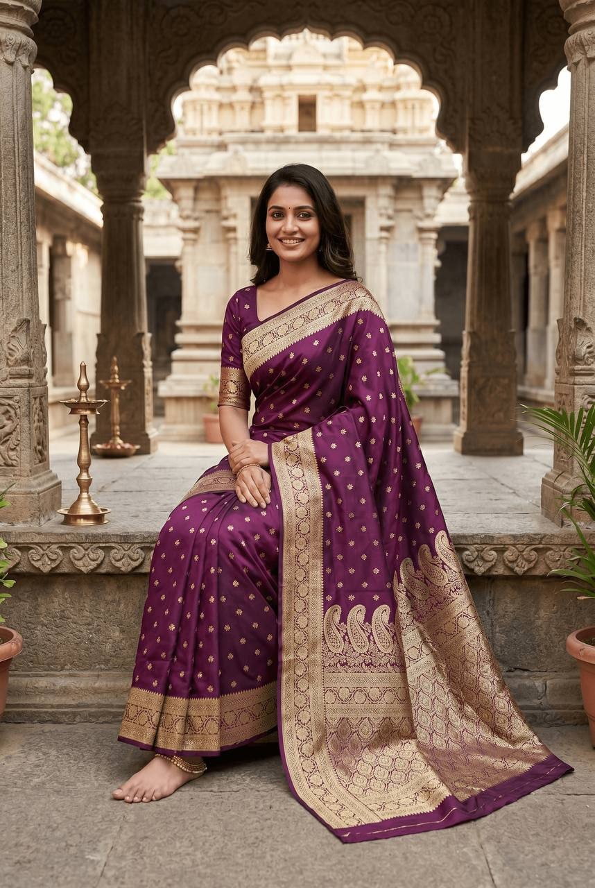 Peachmode Purple Banarasi Soft Silk Zari Saree - Image 5