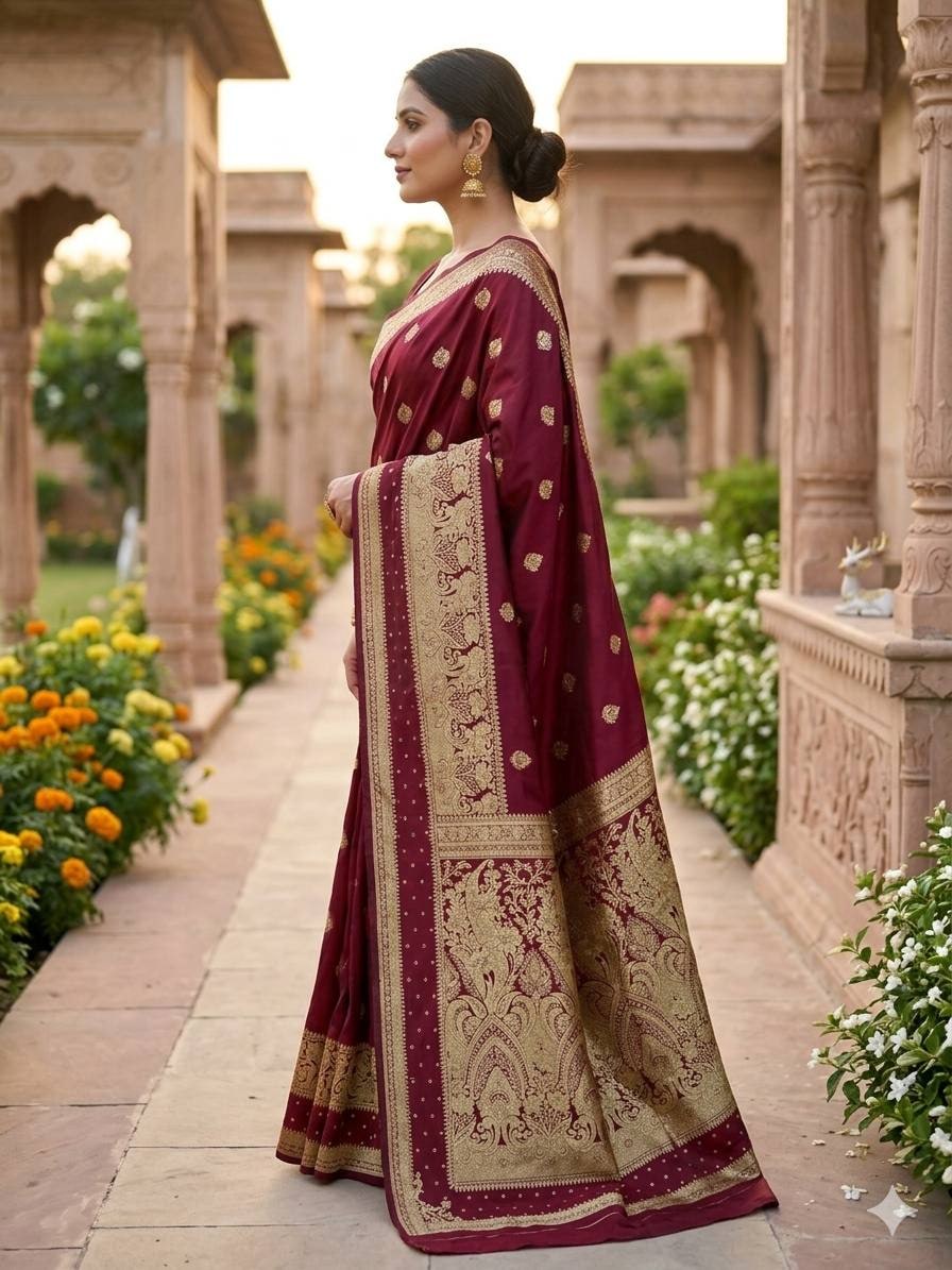 Peachmode Wine Banarasi Silk Zari Saree - Image 15
