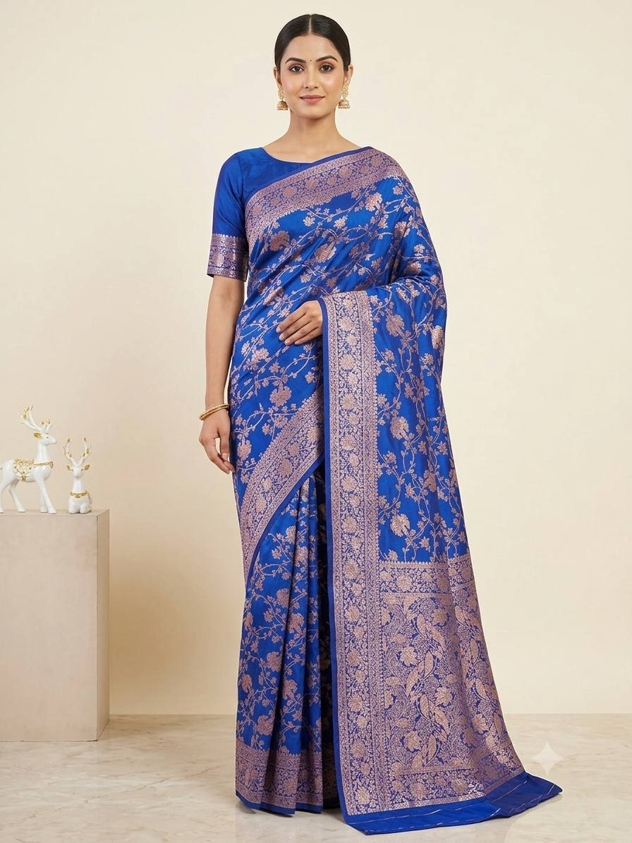 Peachmode Blue Kanjivaram Soft Silk Zari Saree - Image 3