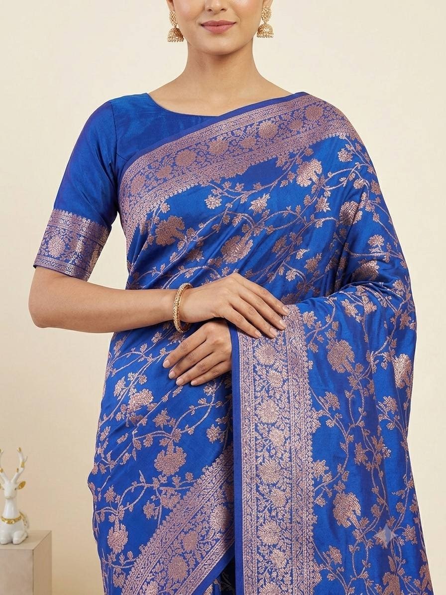 Peachmode Blue Kanjivaram Soft Silk Zari Saree - Image 4