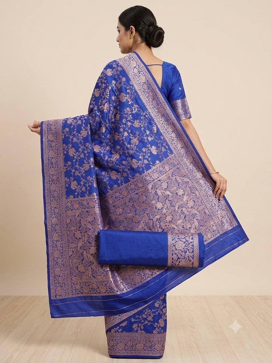 Peachmode Blue Kanjivaram Soft Silk Zari Saree - Image 7