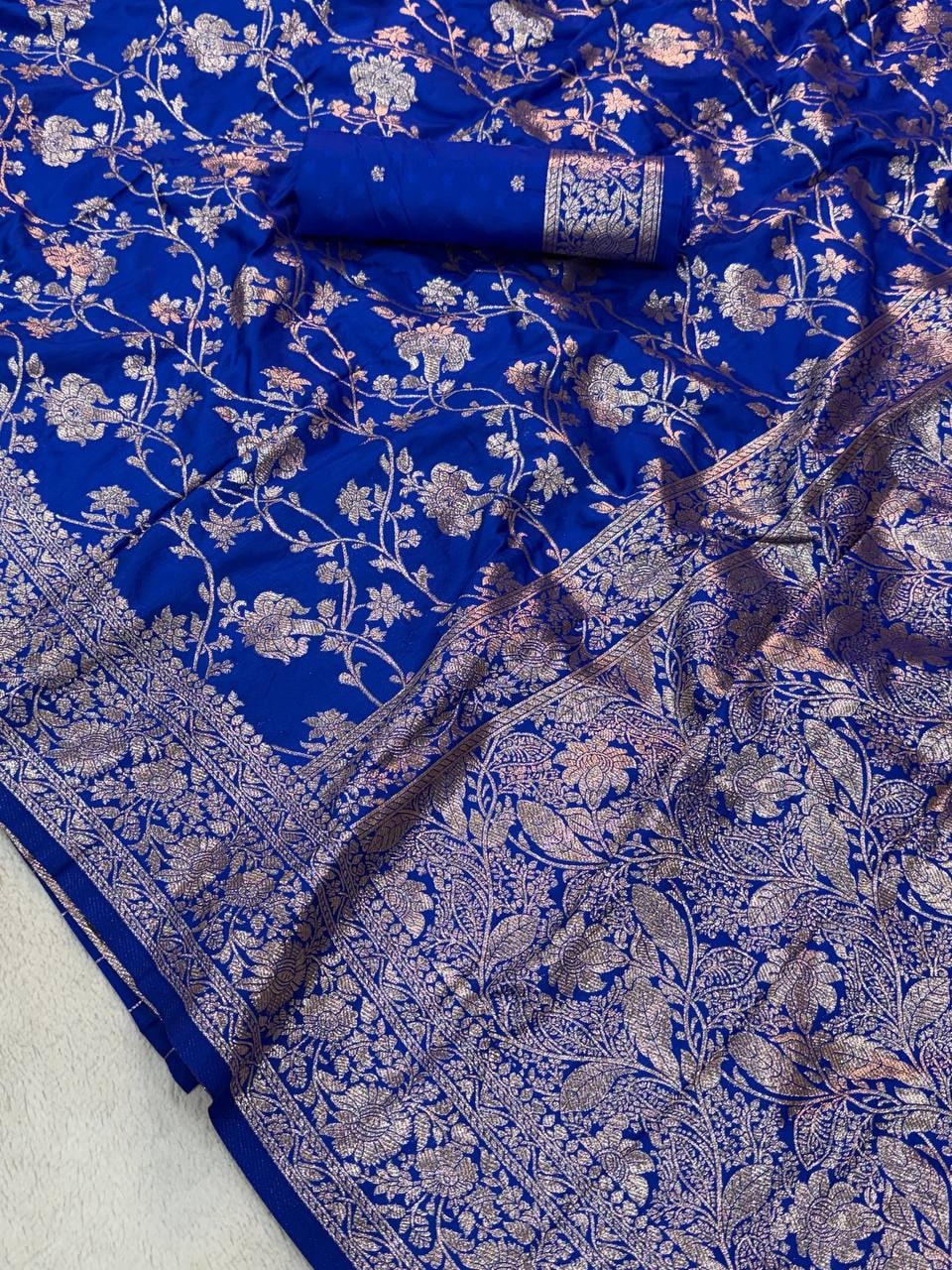 Peachmode Blue Kanjivaram Soft Silk Zari Saree - Image 11