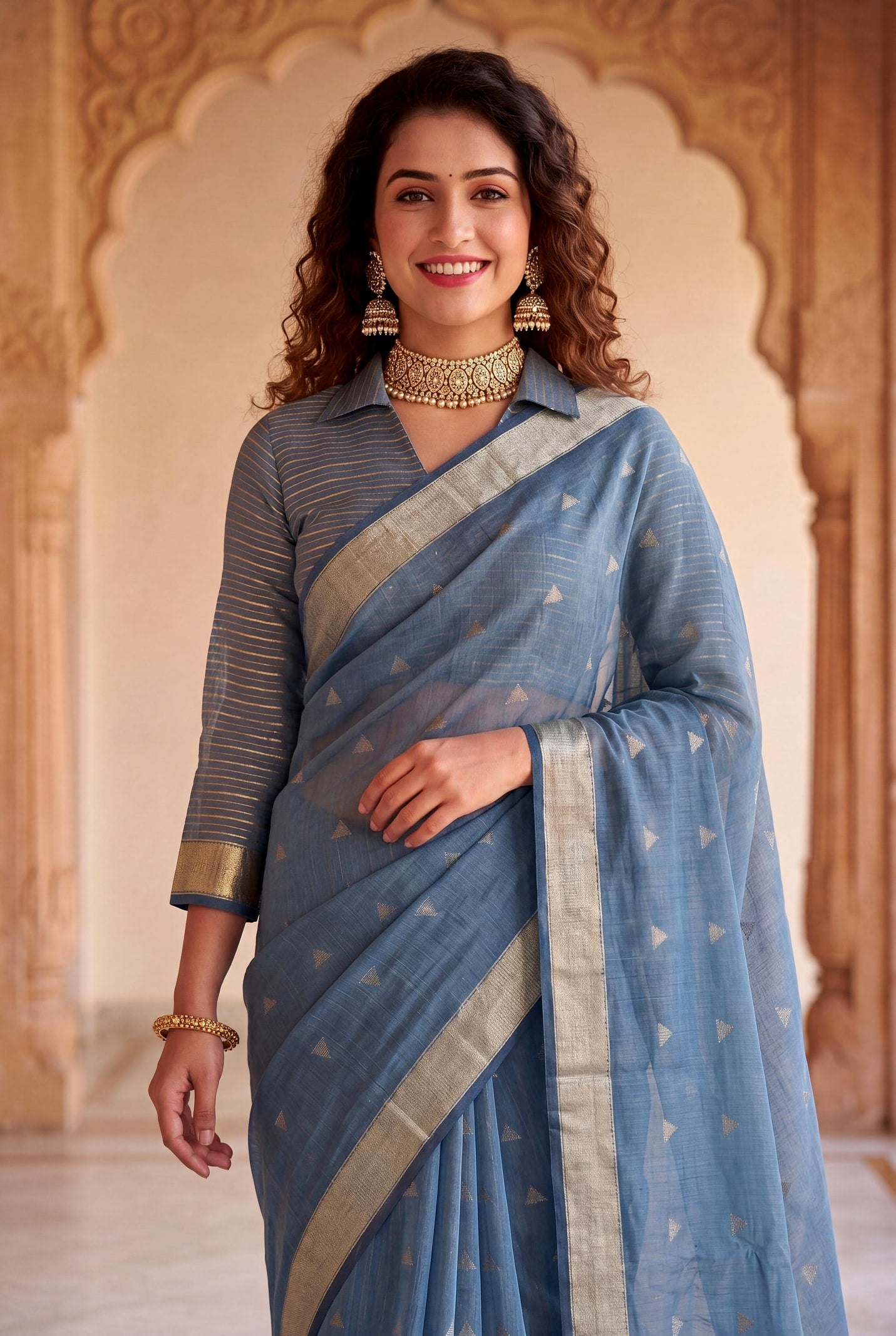 Peachmode Blue Linen Cotton Silk Zari Saree - Image 2