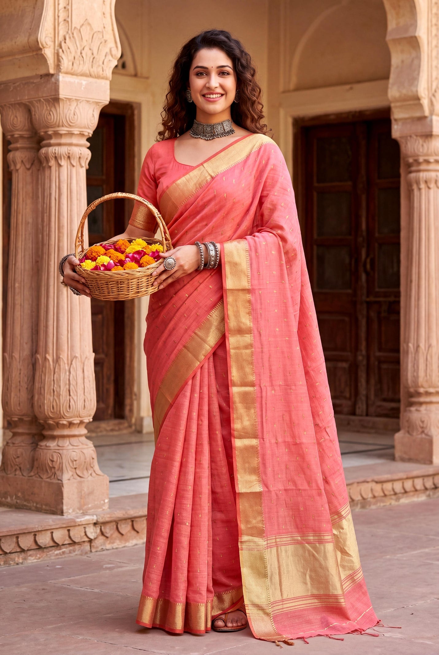 Peachmode Pink Linen Cotton Silk Zari Saree - Image 1