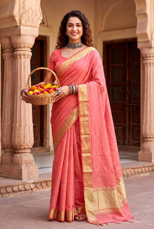 Peachmode Pink Linen Cotton Silk Zari Saree - Image 1