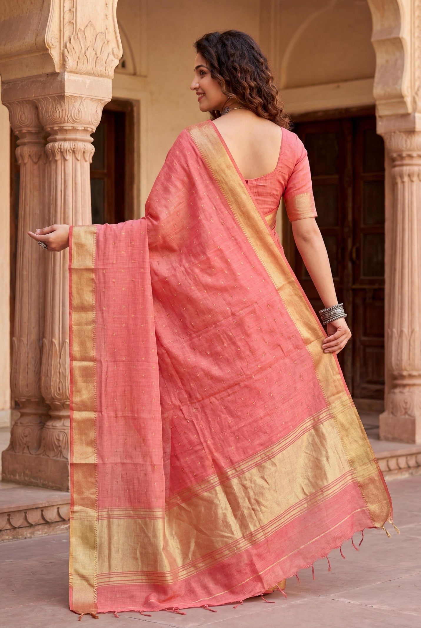 Peachmode Pink Linen Cotton Silk Zari Saree - Image 2