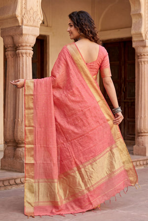 Peachmode Pink Linen Cotton Silk Zari Saree - Image 2