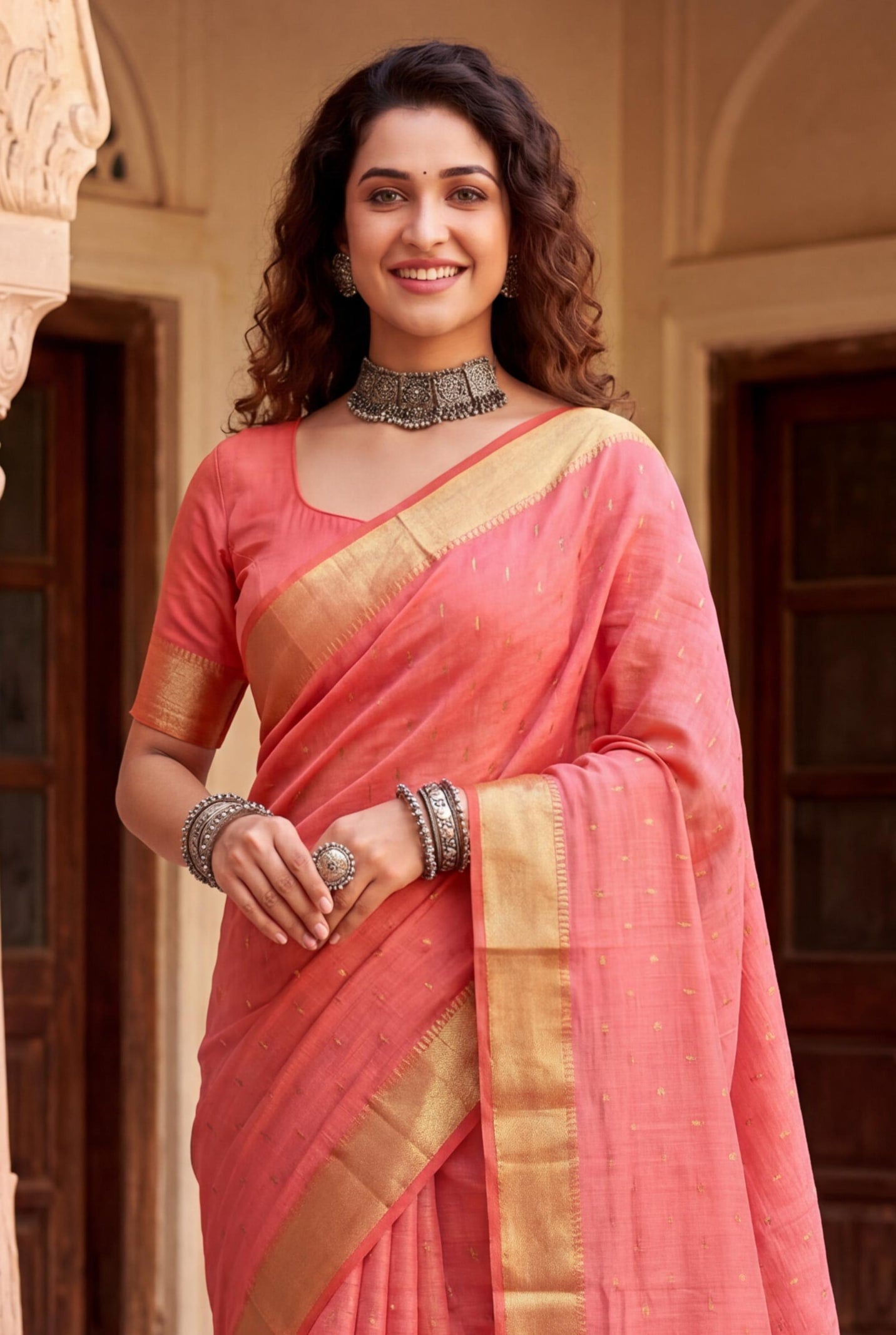 Peachmode Pink Linen Cotton Silk Zari Saree - Image 3