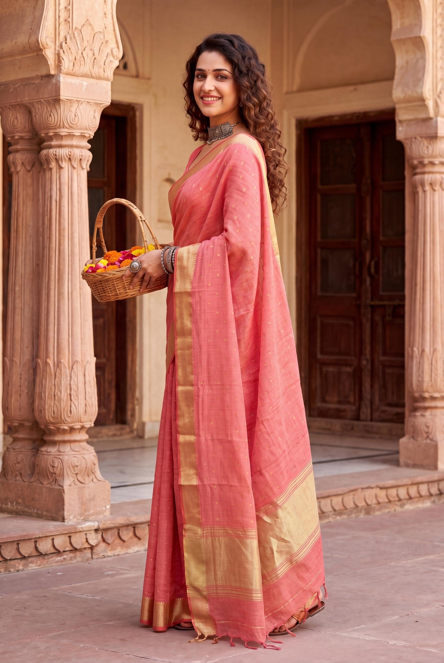 Peachmode Pink Linen Cotton Silk Zari Saree - Image 4