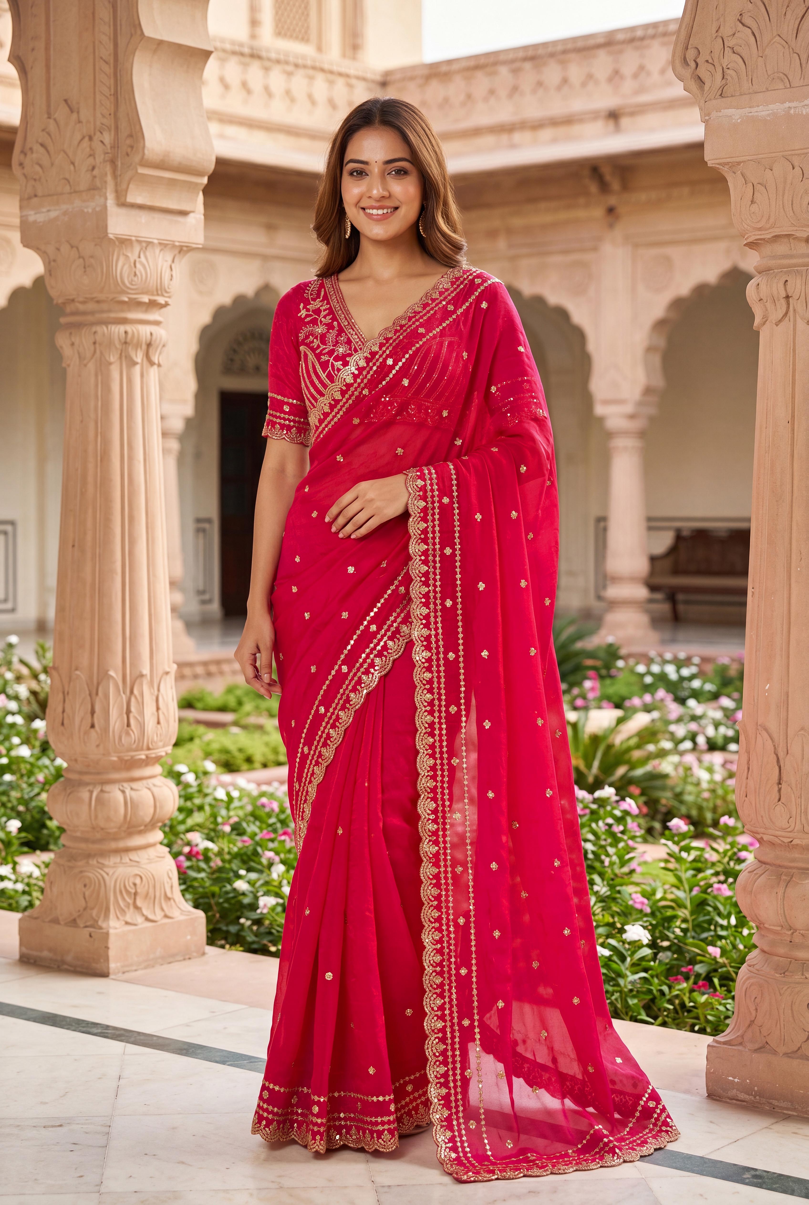 Peachmode Pink Space Silk Saree with Sequins Embroidery - Image 3