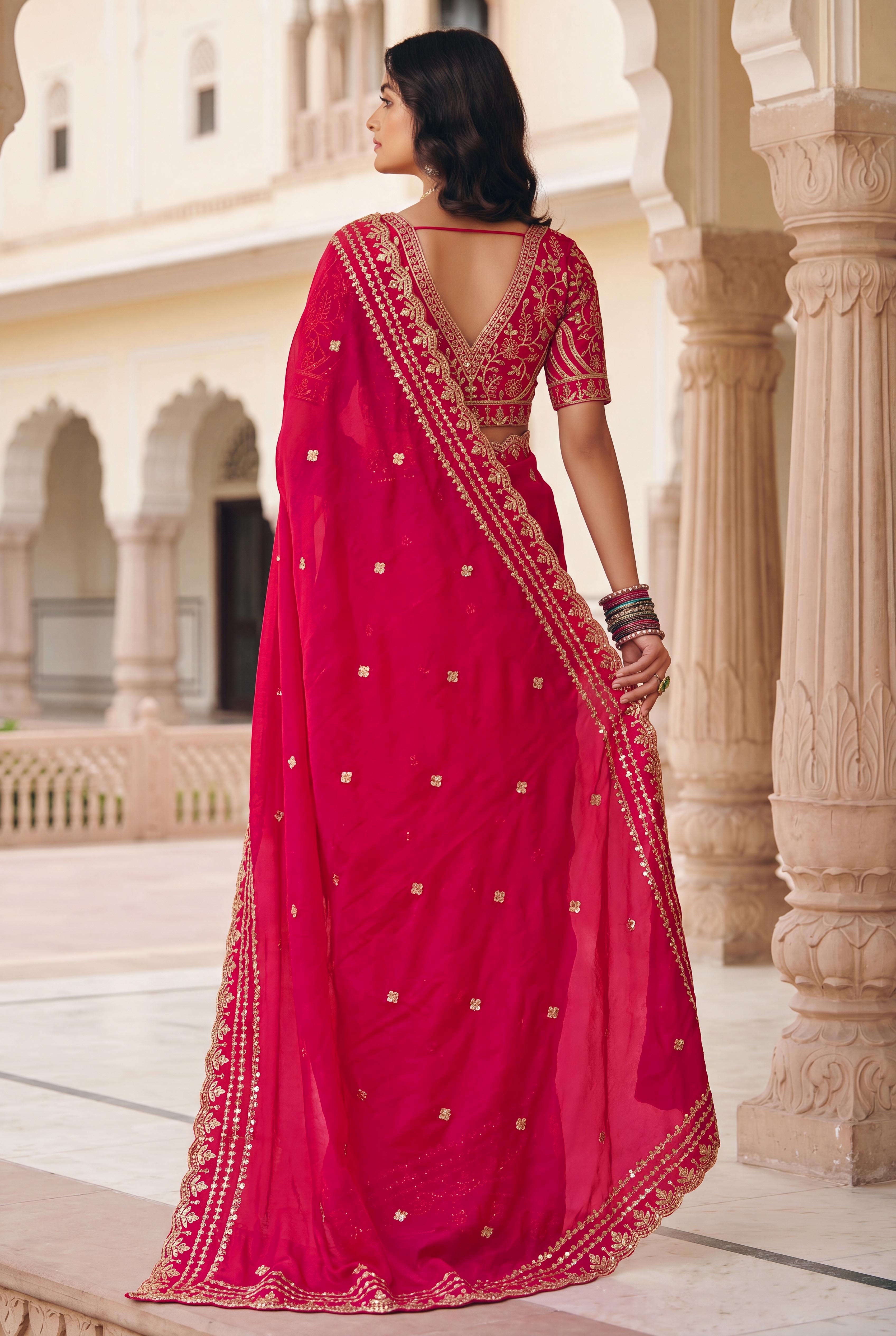 Peachmode Pink Space Silk Saree with Sequins Embroidery - Image 4