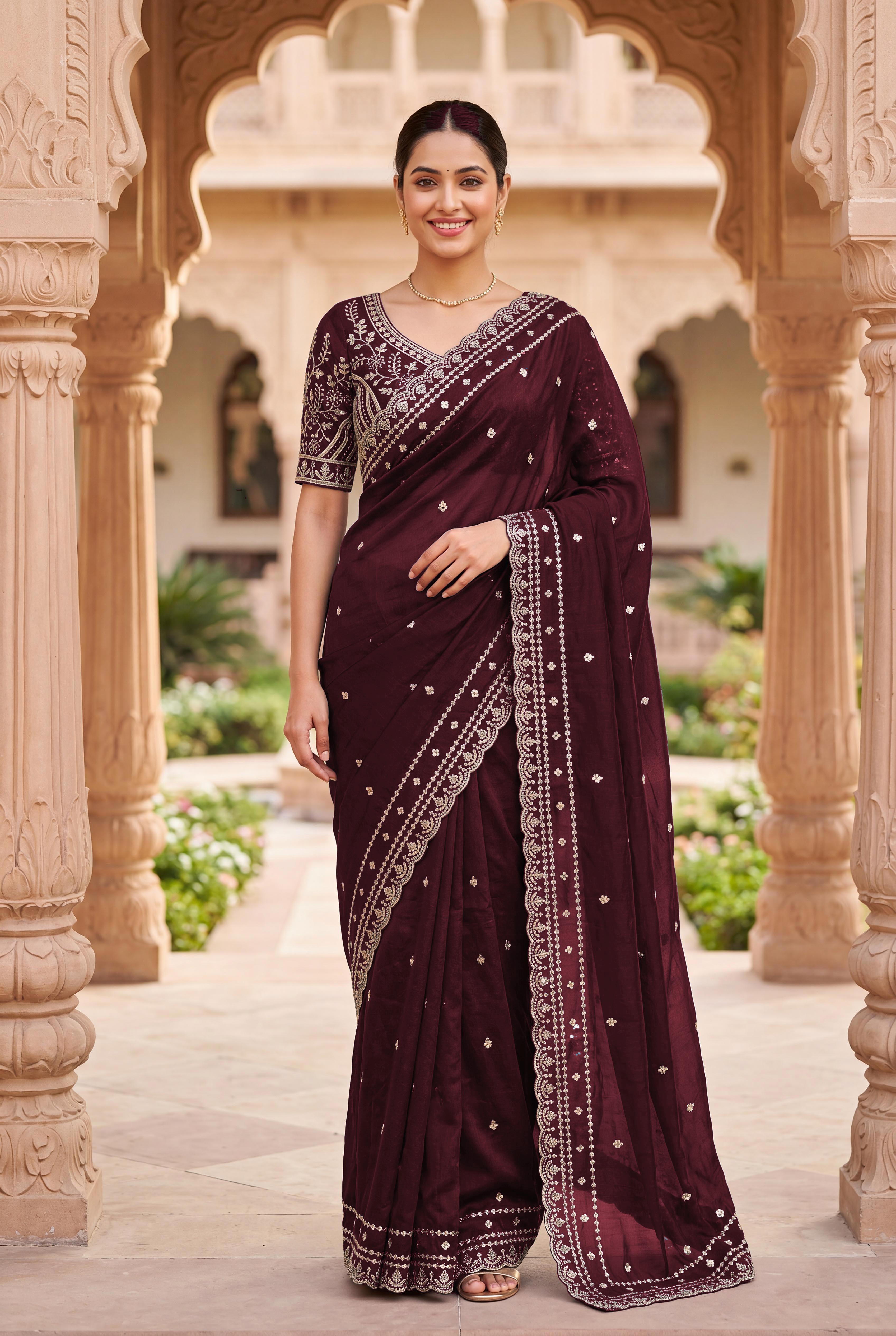 Peachmode Maroon Space Silk Saree with Sequins Embroidery - Image 4