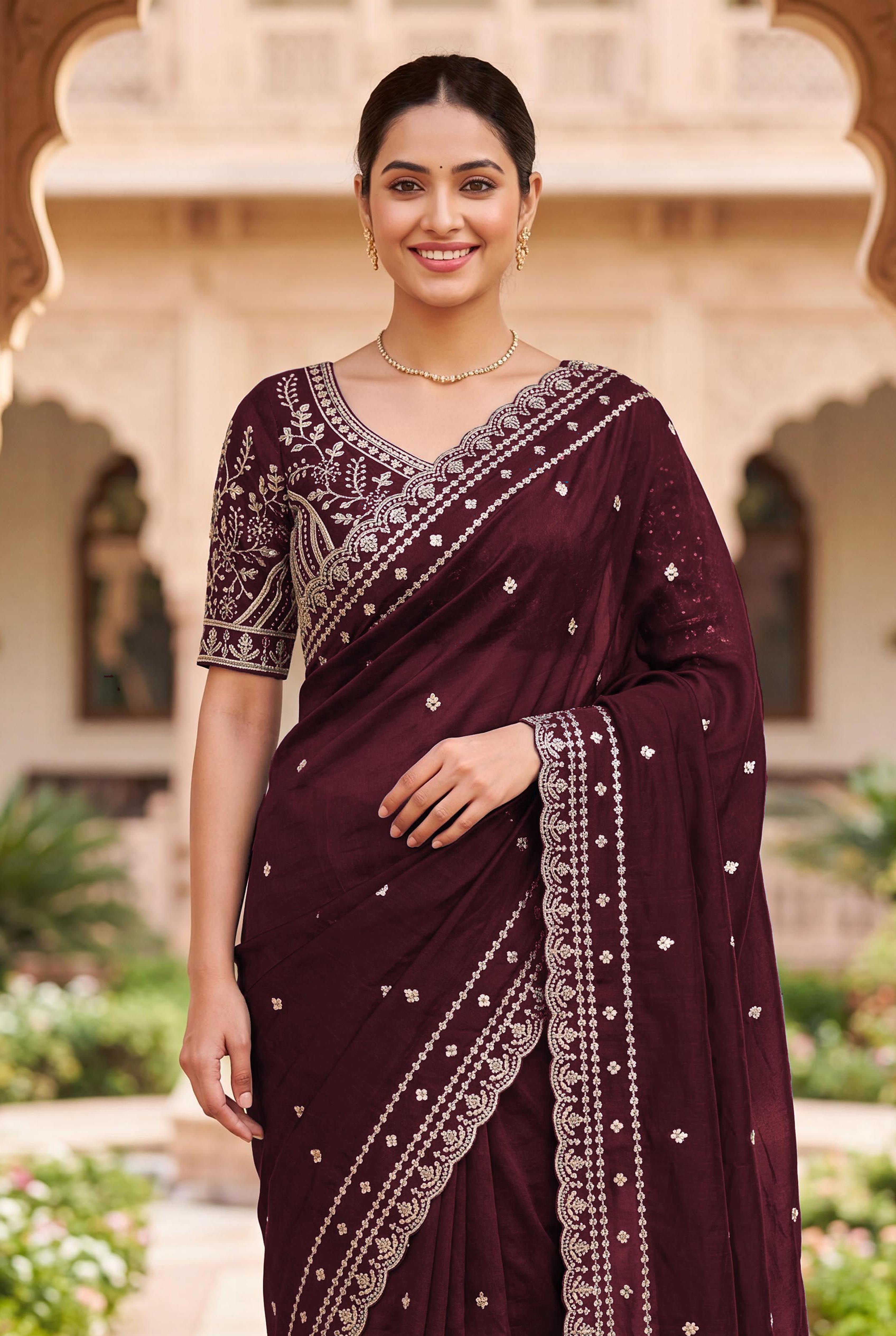 Peachmode Maroon Space Silk Saree with Sequins Embroidery - Image 7