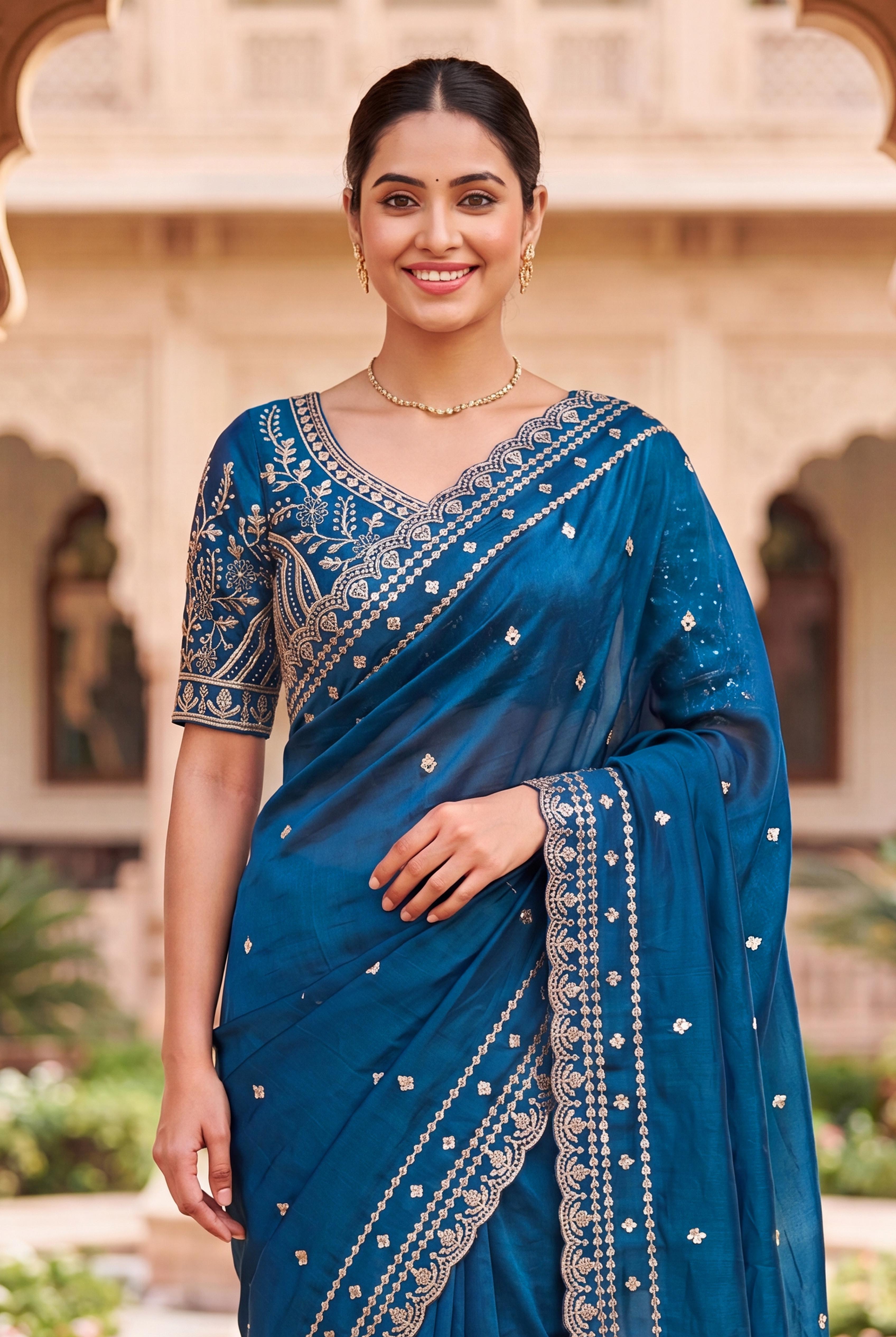 Peachmode Teal Space Silk Saree with Sequins Embroidery - Image 4