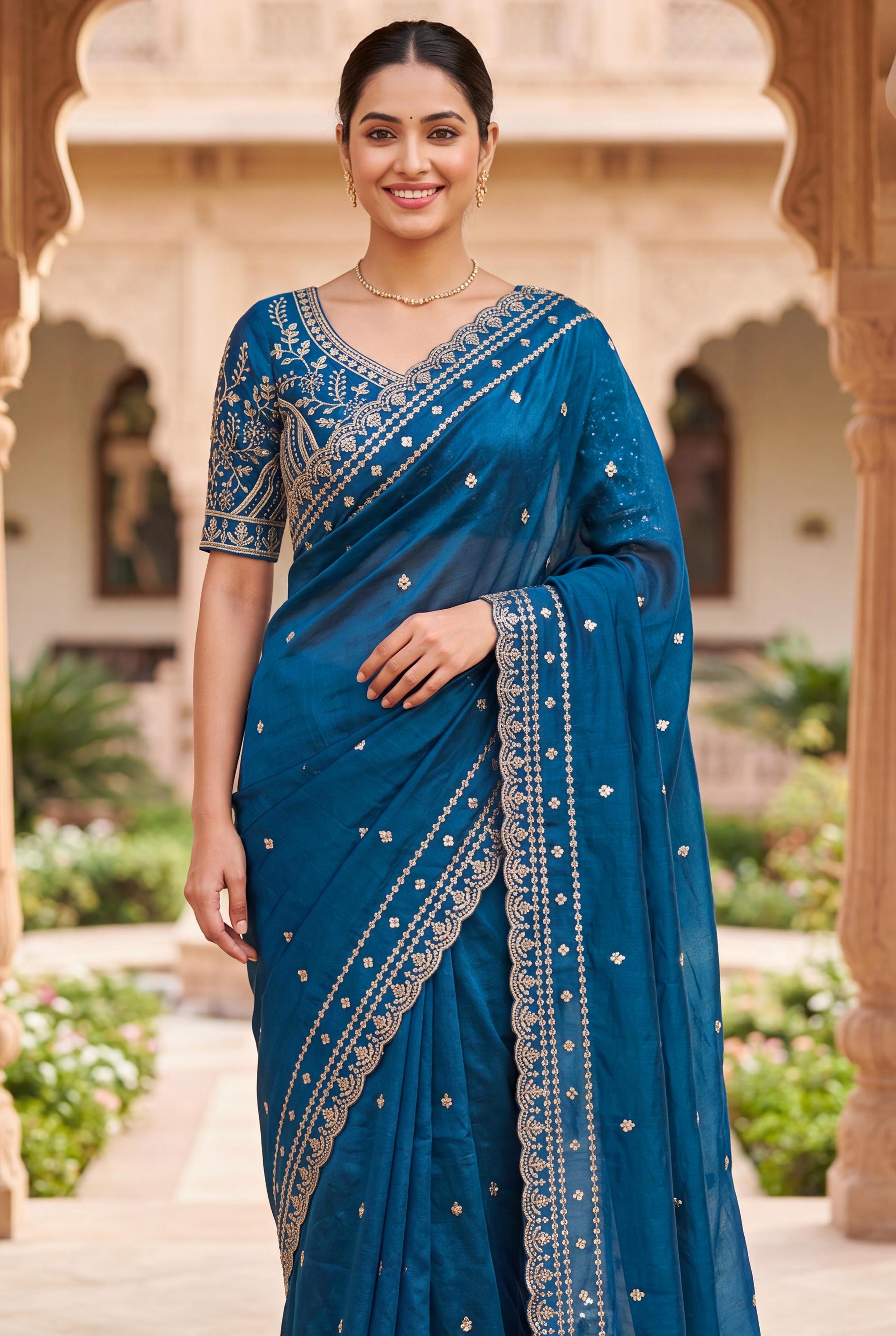 Peachmode Teal Space Silk Saree with Sequins Embroidery - Image 5
