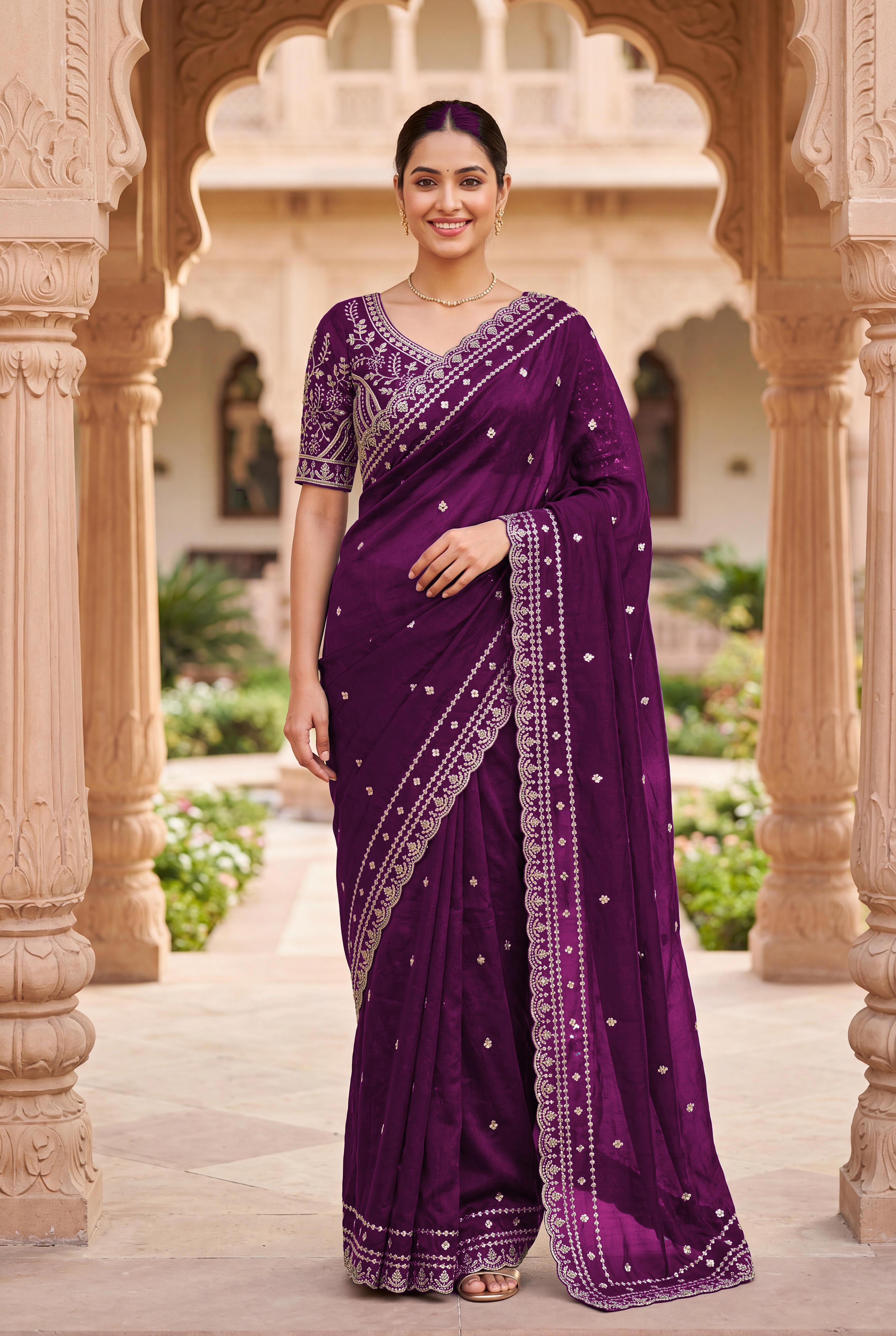 Peachmode Purple Space Silk Saree with Sequins Embroidery - Image 4