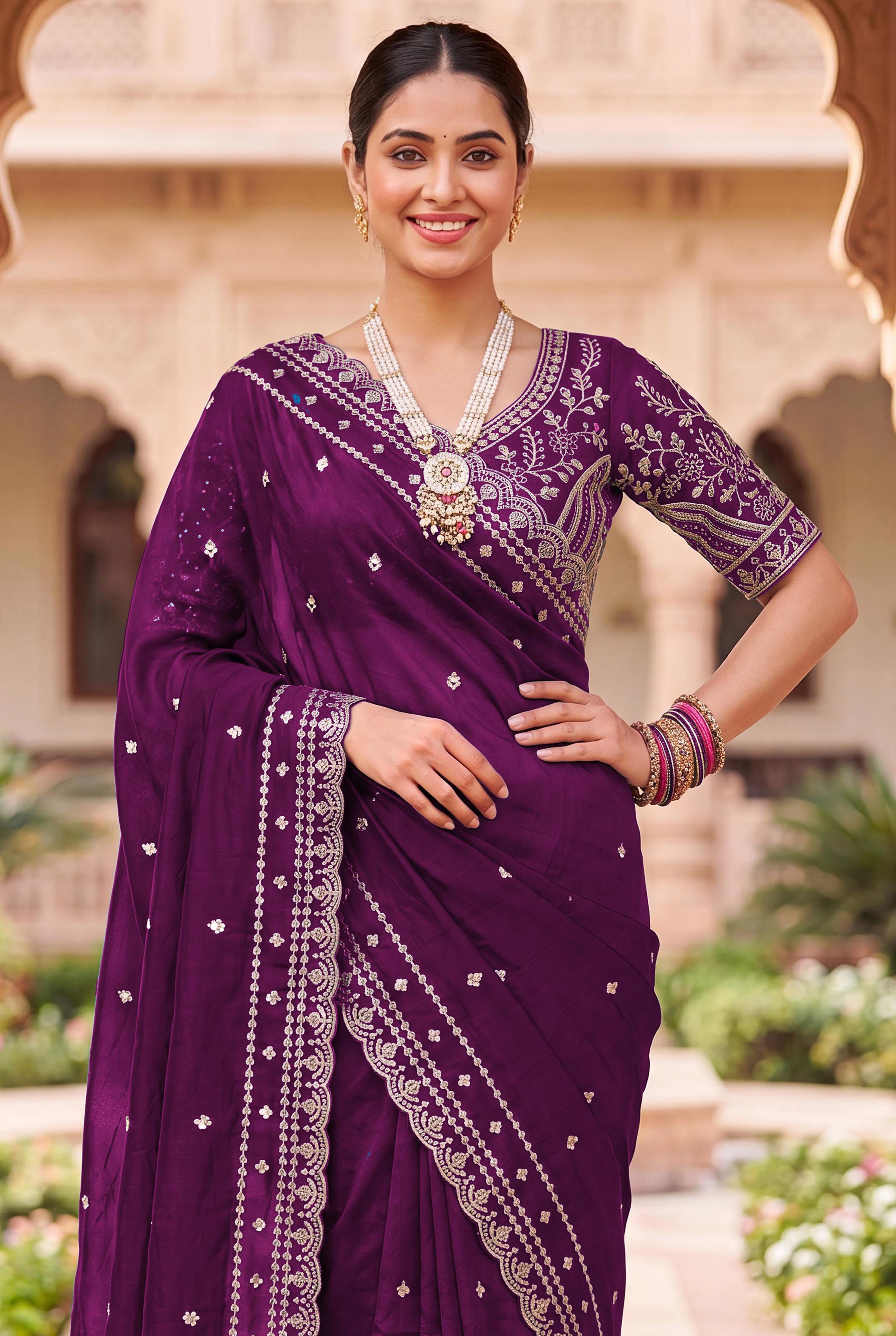 Peachmode Purple Space Silk Saree with Sequins Embroidery - Image 6