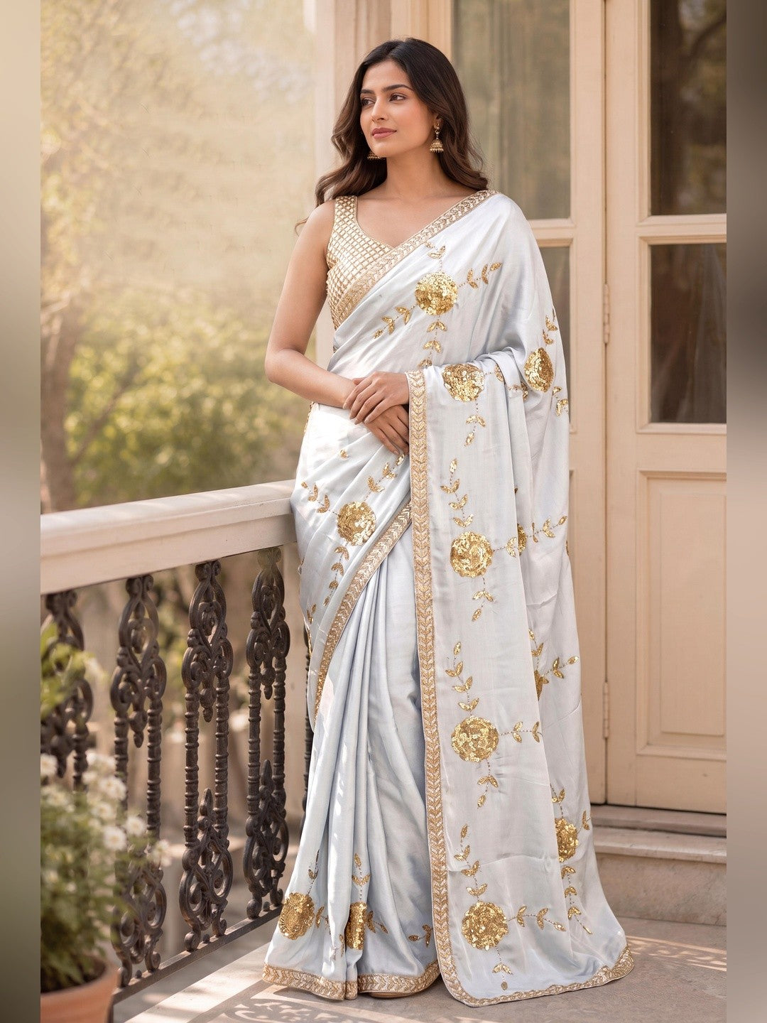 White Silk Blend Saree Featuring Delicate Floral Motifs in Shimmering Sequins - Image 3