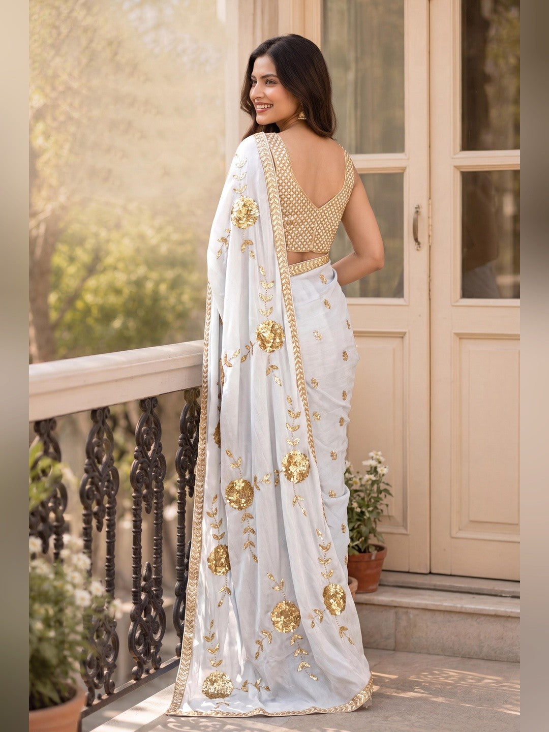 White Silk Blend Saree Featuring Delicate Floral Motifs in Shimmering Sequins - Image 4