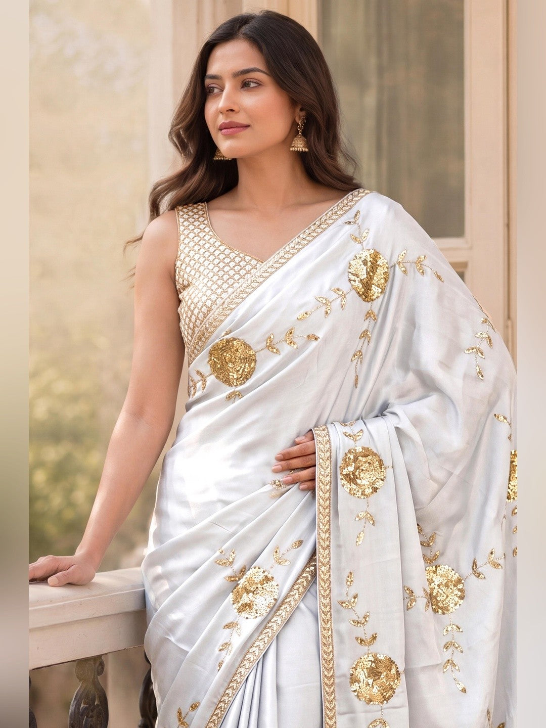White Silk Blend Saree Featuring Delicate Floral Motifs in Shimmering Sequins - Image 5