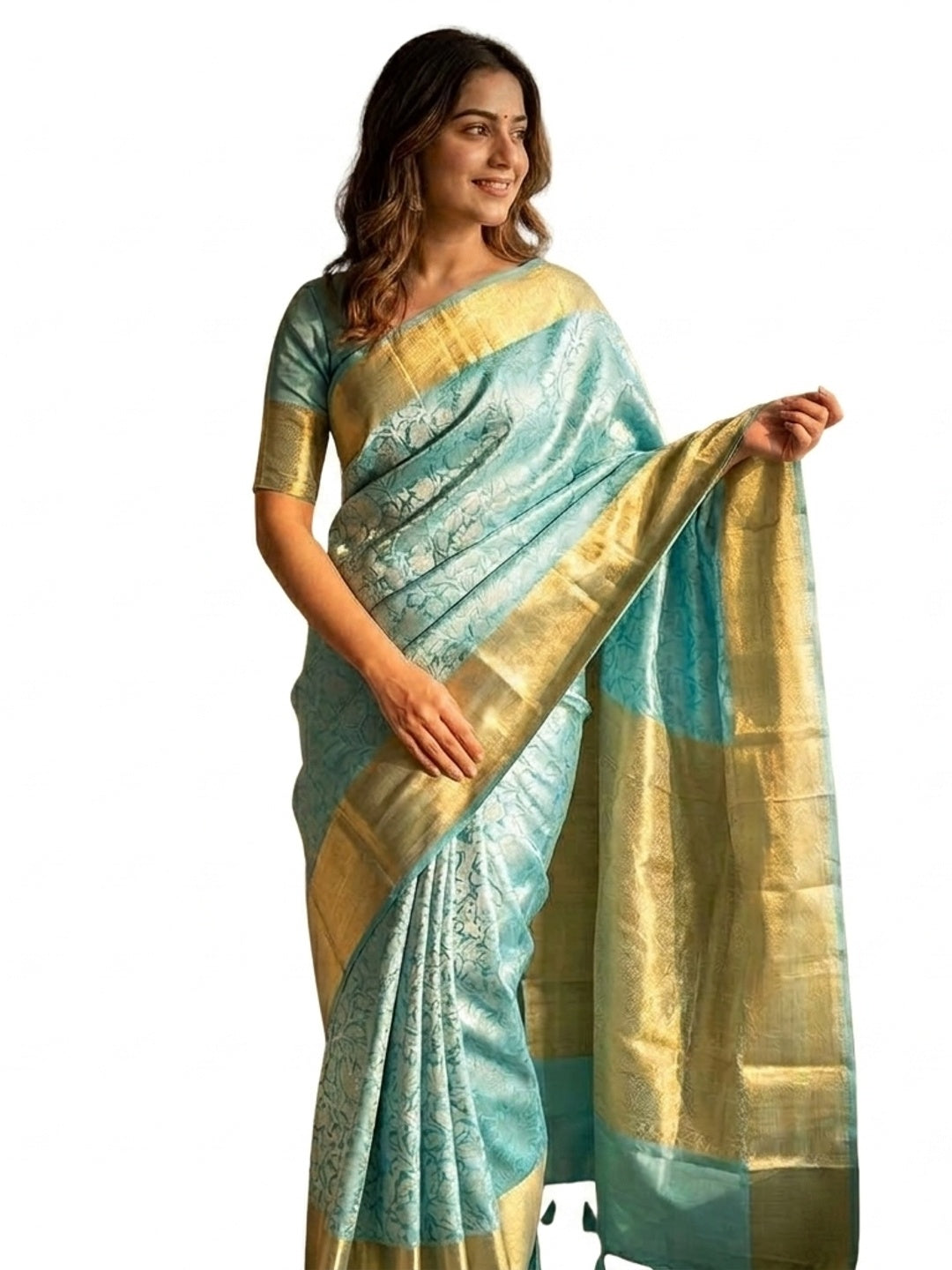 Peachmode Turquoise Zari Woven Saree - Image 12