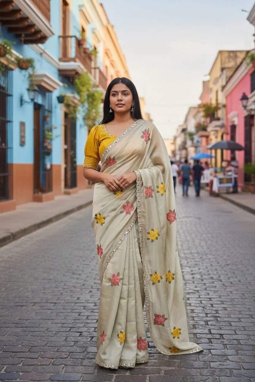 Peachmode Cream Embroidered Silk Blend Saree - Image 1
