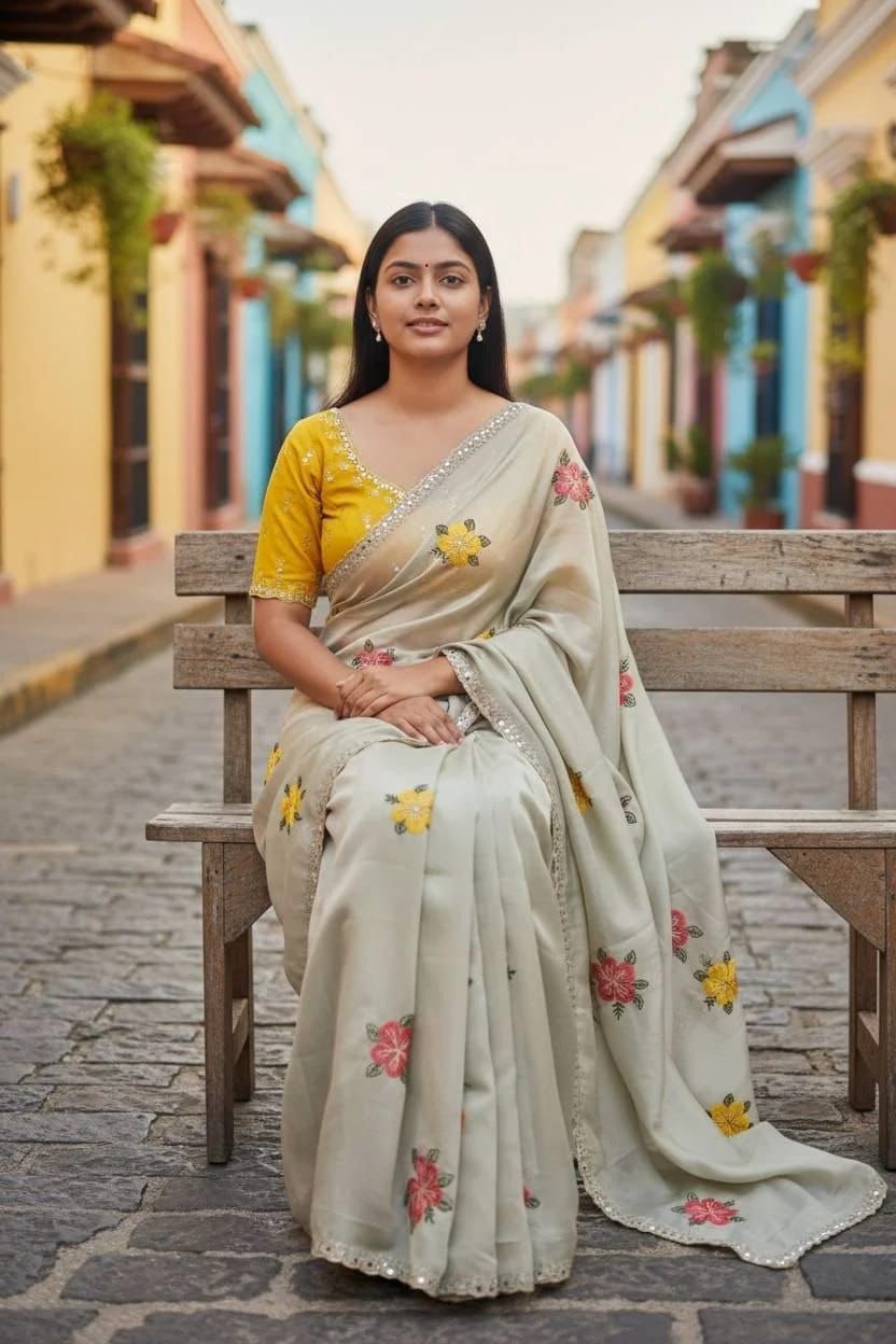 Peachmode Cream Embroidered Silk Blend Saree - Image 3