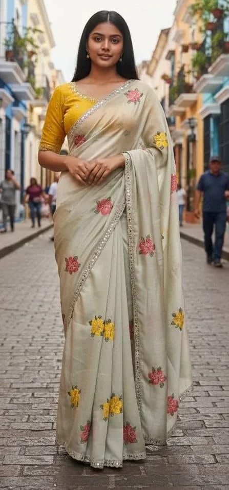 Peachmode Cream Embroidered Silk Blend Saree - Image 16