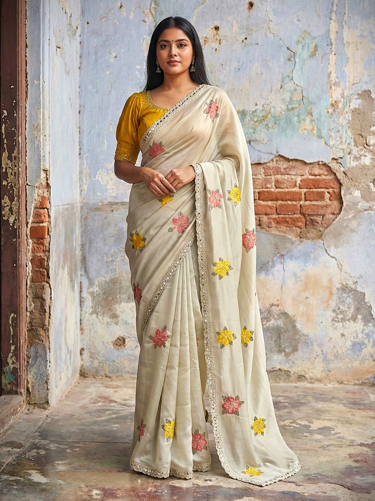 Peachmode Cream Embroidered Silk Blend Saree - Image 17