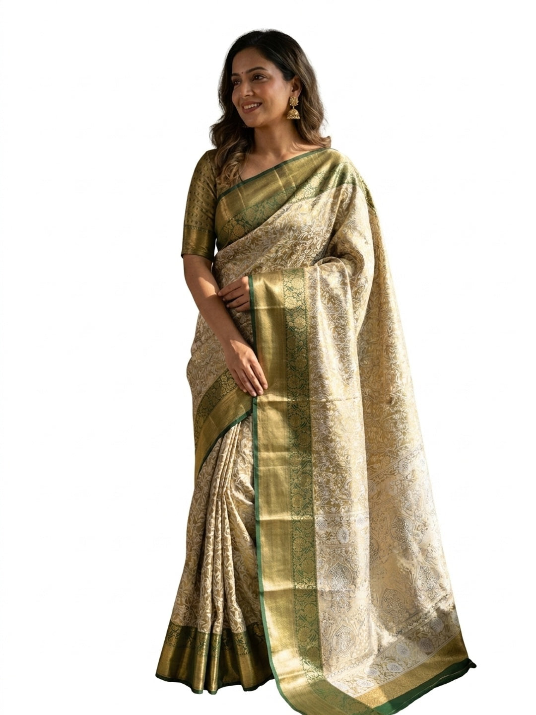 Peachmode Olive Kanjivaram Silk Zari Saree - Image 9
