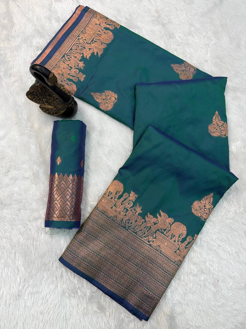 Peachmode Teal Kanjivaram Silk Zari Saree - Image 3