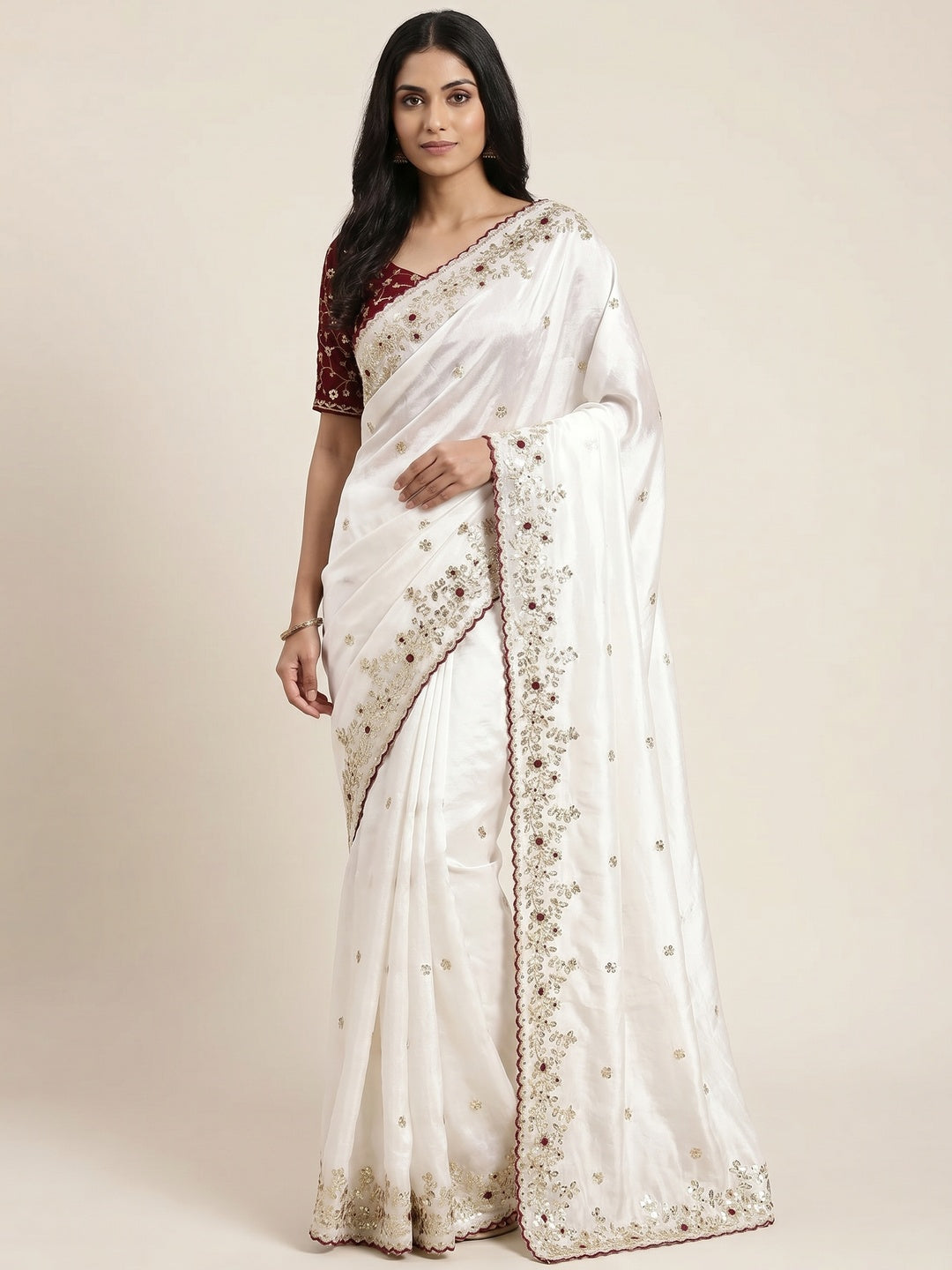 Peachmode White Fendi Satin Embroidered Saree - Image 1
