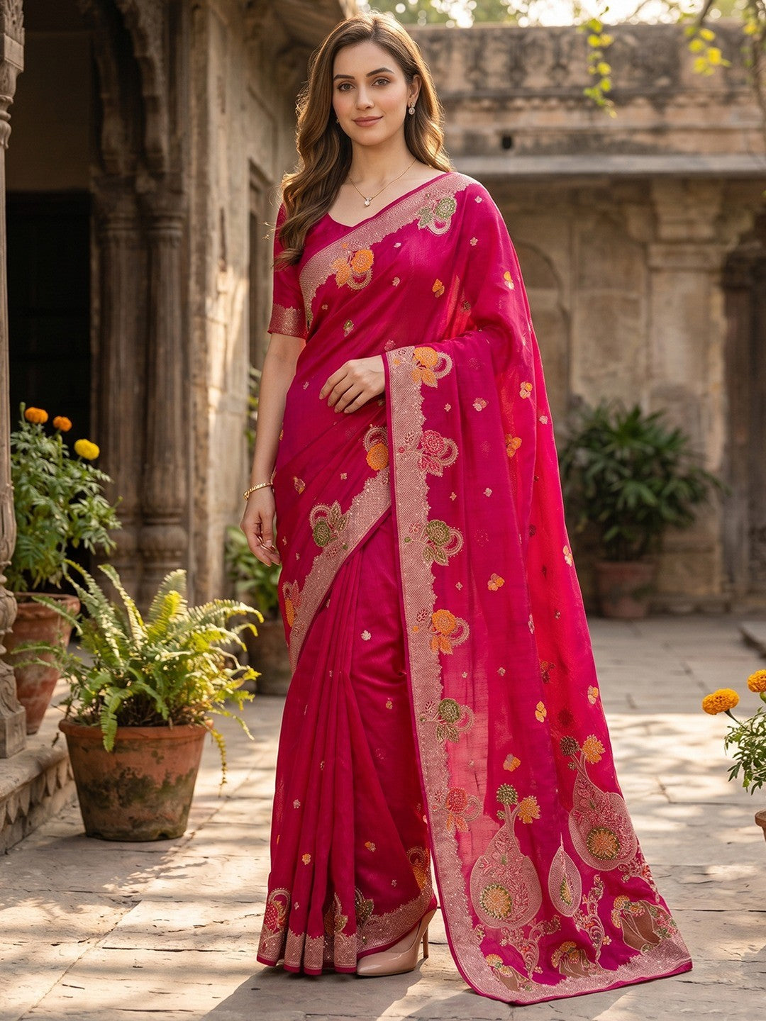 Peachmode Pink Organza Saree with Mina Weaving Work - Image 1