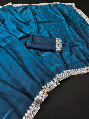 Peachmode Teal Fendi Satin Embroidered Saree - Image 2