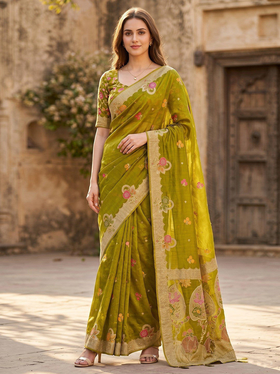 Peachmode Green Organza Saree with Mina Weaving Work - Image 1