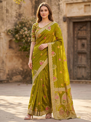 Peachmode Green Organza Saree with Mina Weaving Work - Image 1
