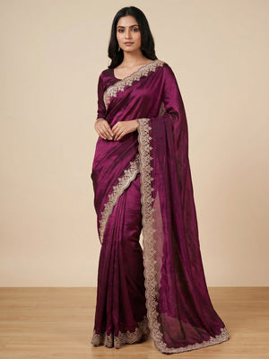 Peachmode Wine Fendi Satin Embroidered Saree - Image 1