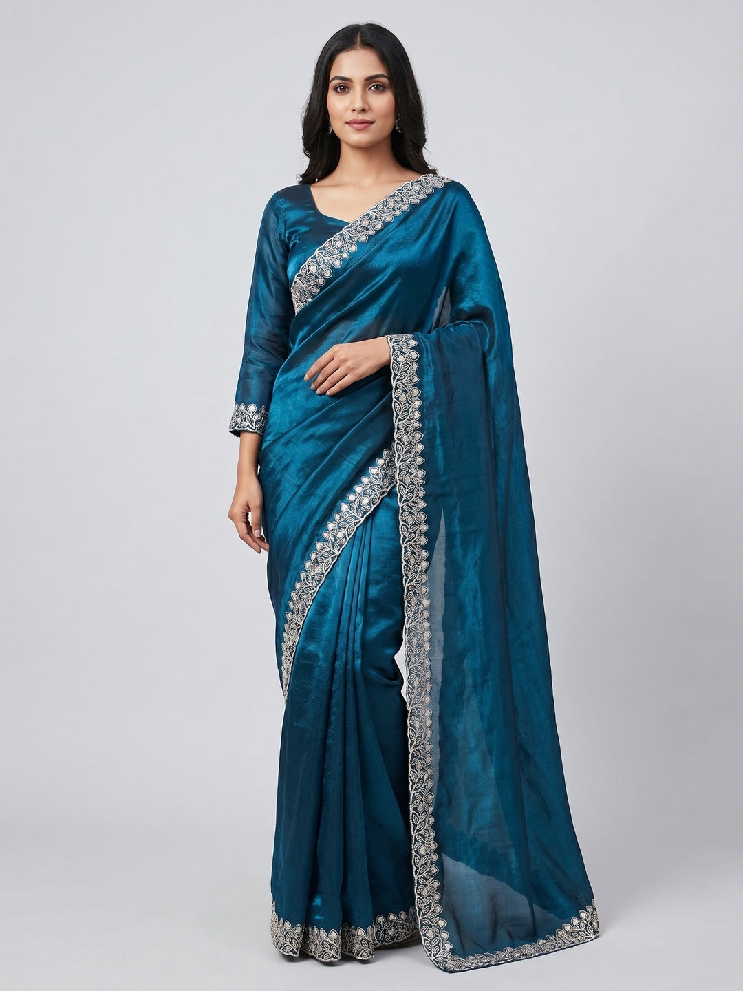 Peachmode Teal Fendi Satin Embroidered Saree - Image 1