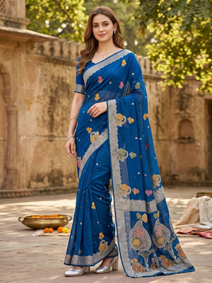 Peachmode Blue Organza Saree with Mina Weaving Work - Image 2