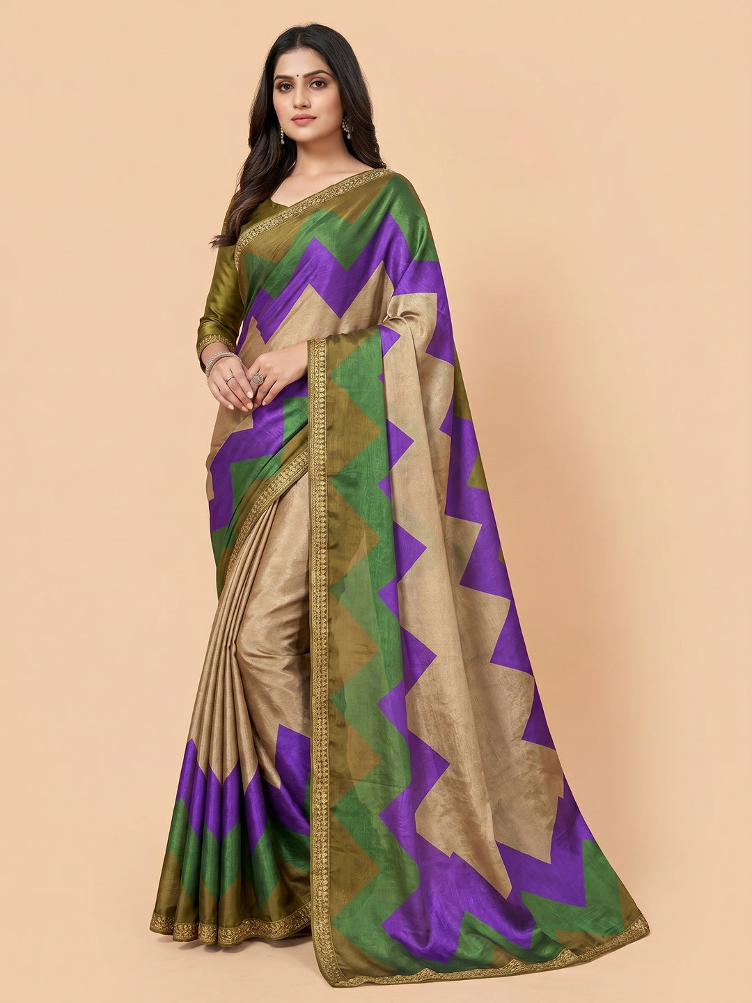 Peachmode Multicolor Fendi Printed Satin Saree - Image 1