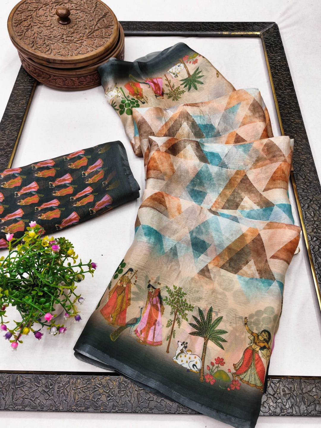 Peachmode Peach Fendi Printed Satin Saree - Image 3
