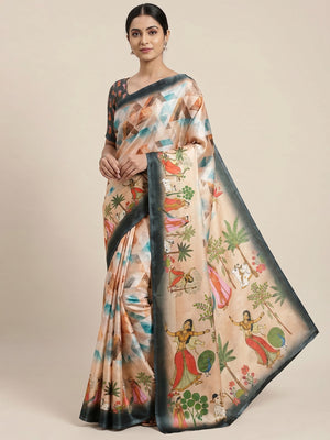 Peachmode Peach Fendi Printed Satin Saree - Image 1