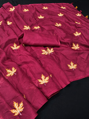 Peachmode Maroon Kota Doria Embroidered Saree - Image 2