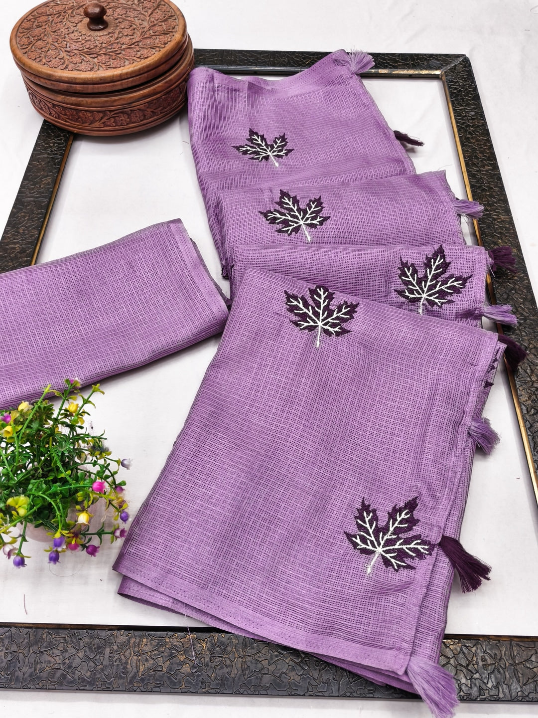Peachmode Lavender Kota Doria Embroidered Saree - Image 3