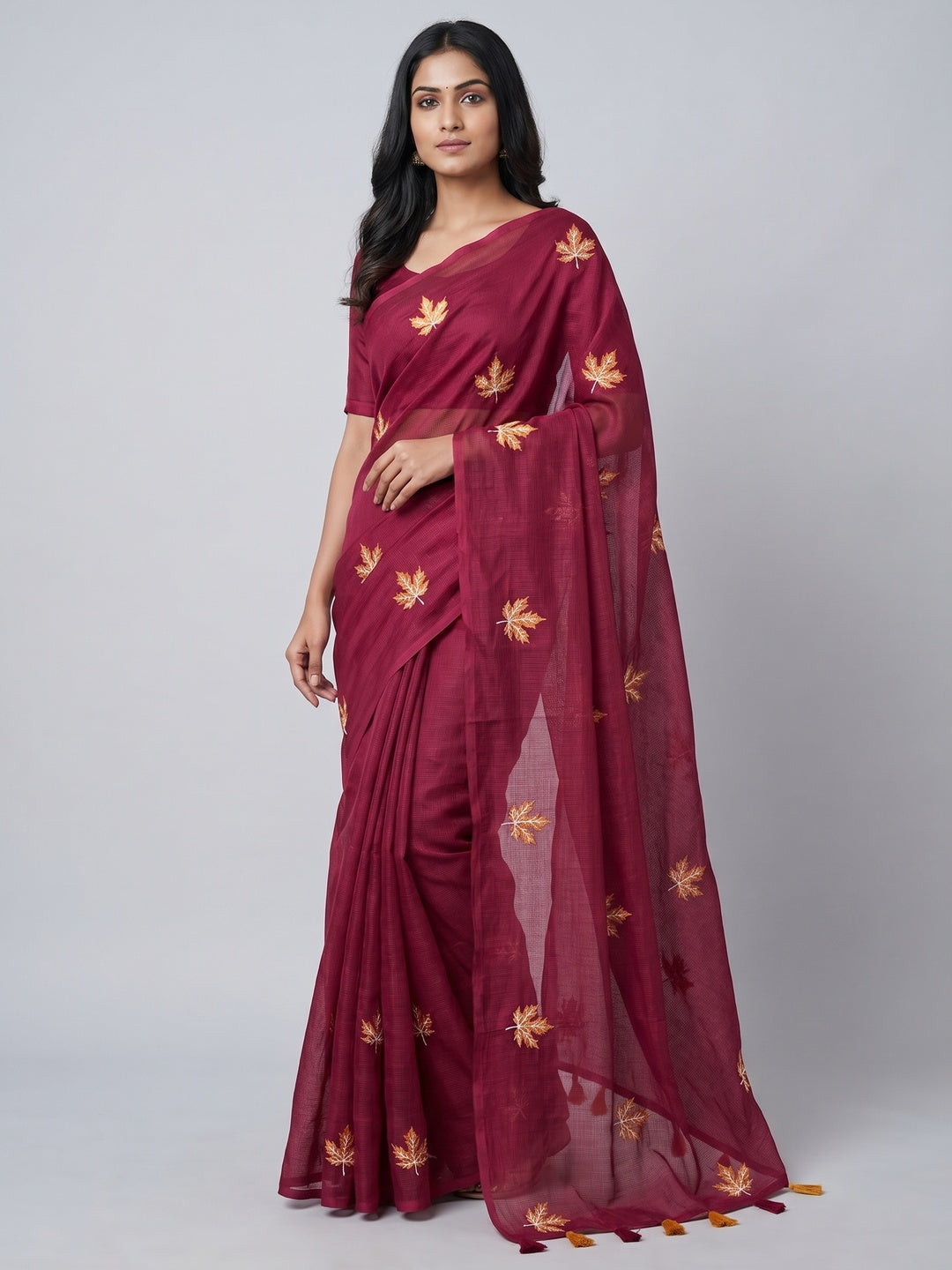 Peachmode Maroon Kota Doria Embroidered Saree - Image 1