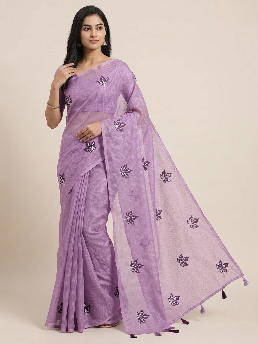 Peachmode Lavender Kota Doria Embroidered Saree - Image 1