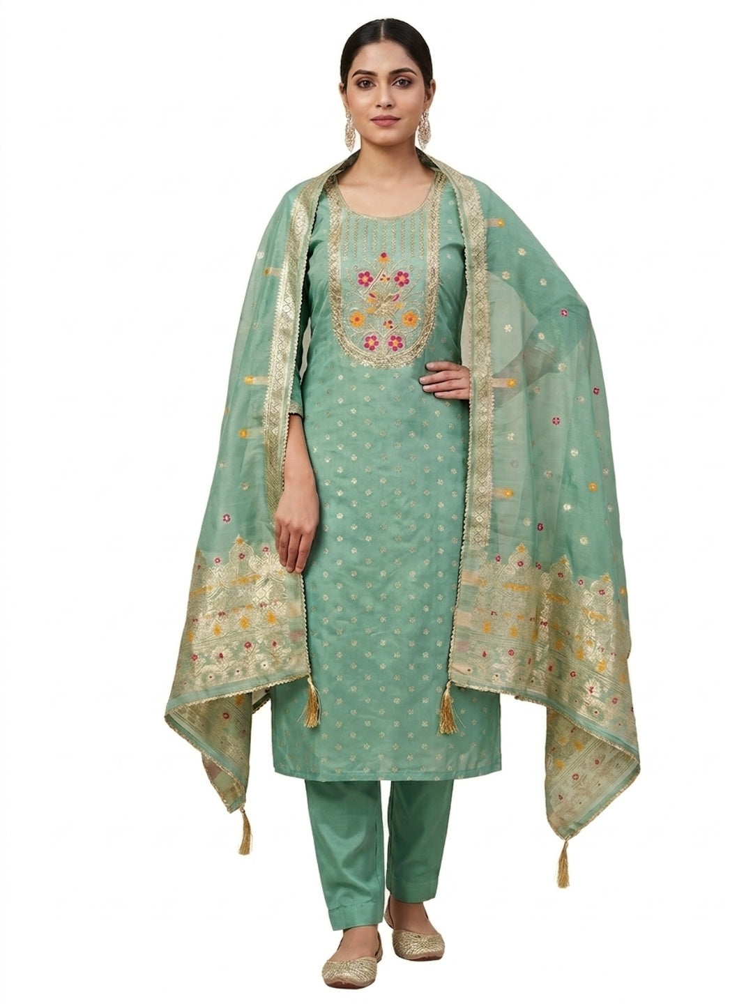 Peachmode Sea Green Jacquard Dress Material with Ethnic Motifs - Image 5