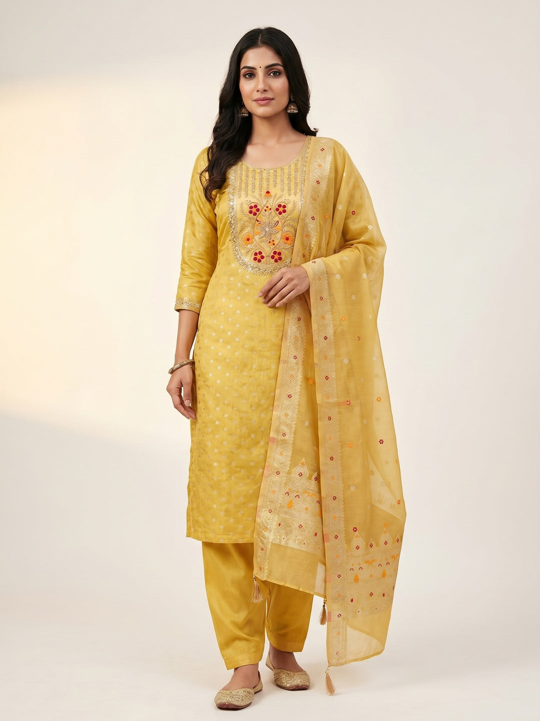 Peachmode Yellow Jacquard Dress Material with Ethnic Motifs - Image 1