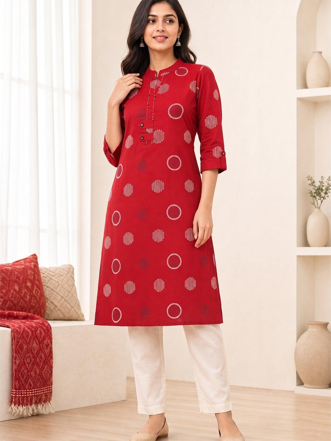 Red Pure Cotton Geometric Printed Kurti - Image 1