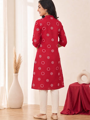 Red Pure Cotton Geometric Printed Kurti - Image 2